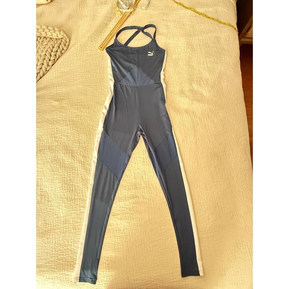 PUMA Womens S Blue White One Piece Unitard Jumpsuit Y2K Athletic Strappy Logo - Picture 3 of 12